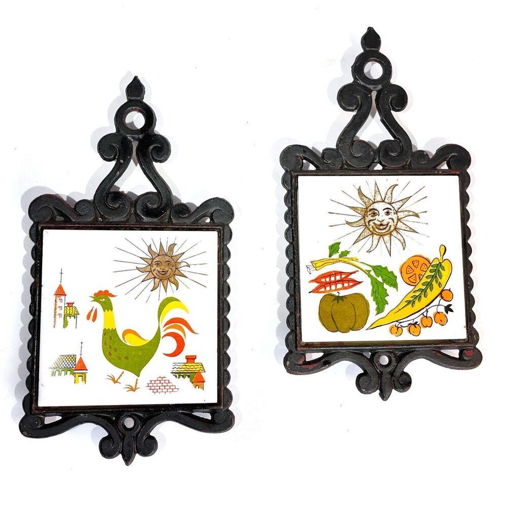 Vintage HS Enesco Cast Iron Trivet Set Rooster Vegetables Sun Retro Kitchen - Picture 2 of 9